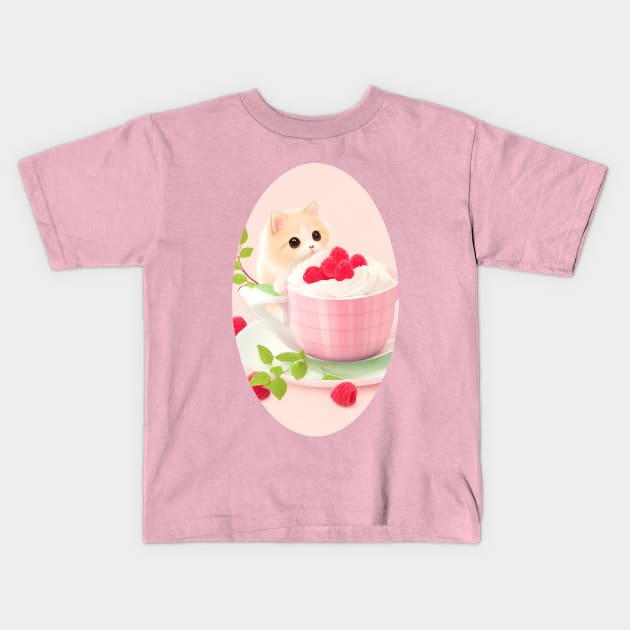 Cat Eating Raspberry mousse Kids T-Shirt by Charmycraft